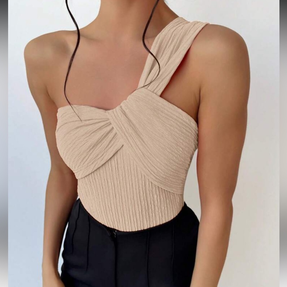 Elegant Beige One-Shoulder Top